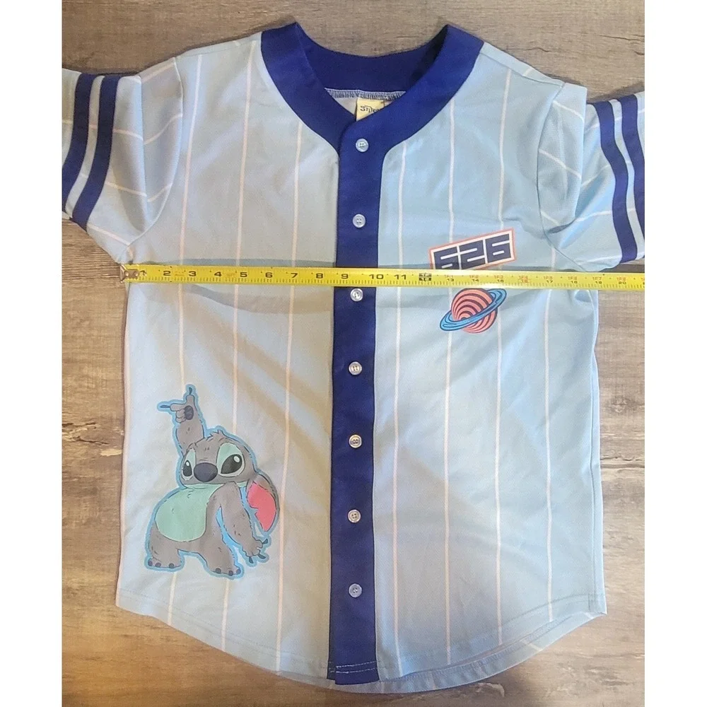 Disney Stitch‎ #626 Adult Small Baseball Jersey Blue Pinstripe Button Up